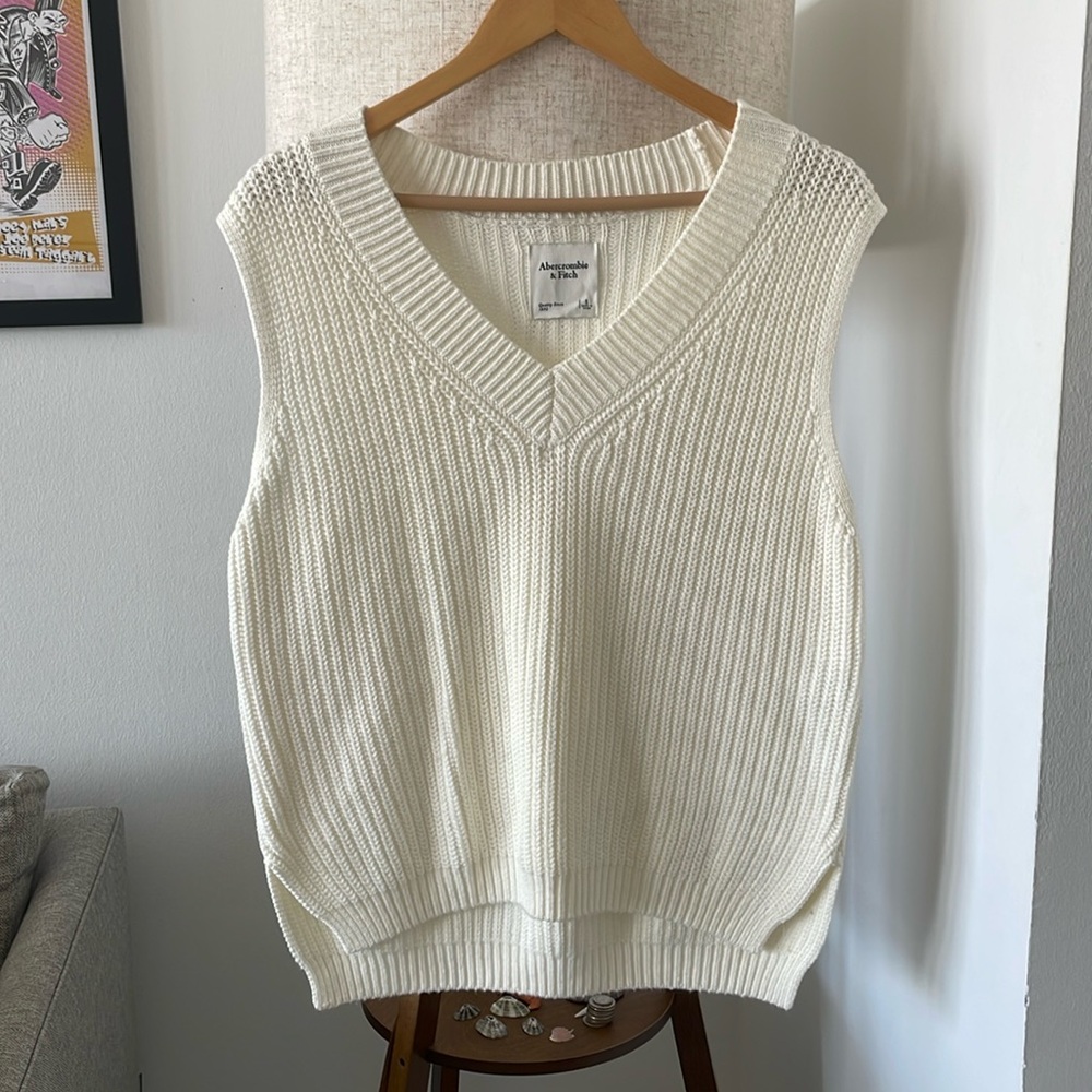 White cotton V neck sweater vest